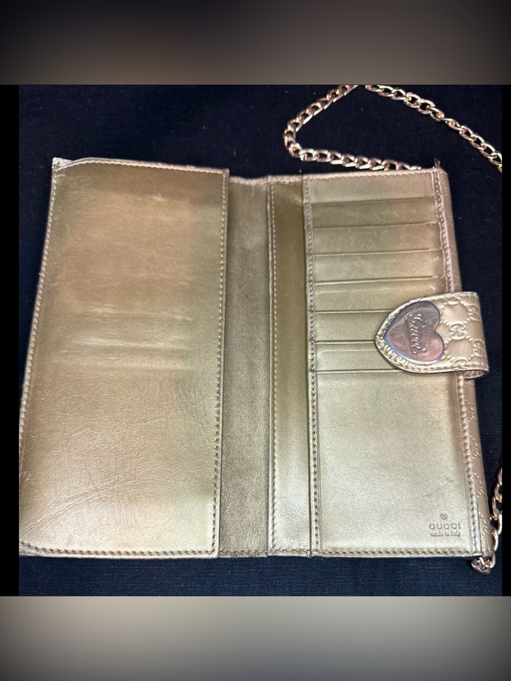 Auth GUCCI Gold Leather Wallet W/Chain, Heart Gg Yellow Leather Italy - Picture 12 of 12